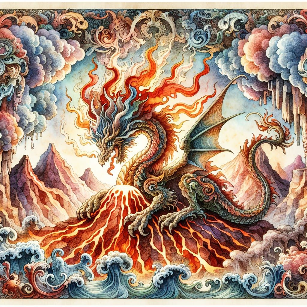 A Dragon emerging from a volcano near the sea  by @AI Creations