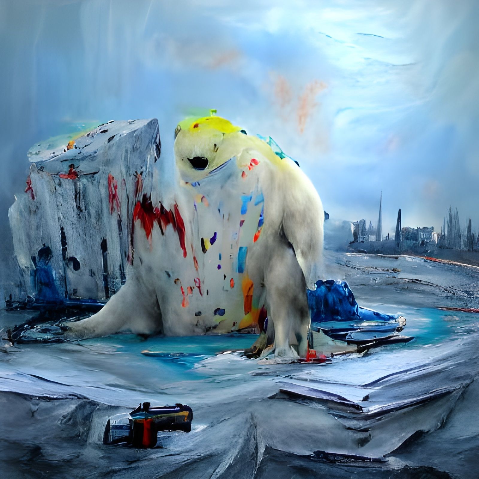 polar bear on top of melting ice berg detailed painting expr...