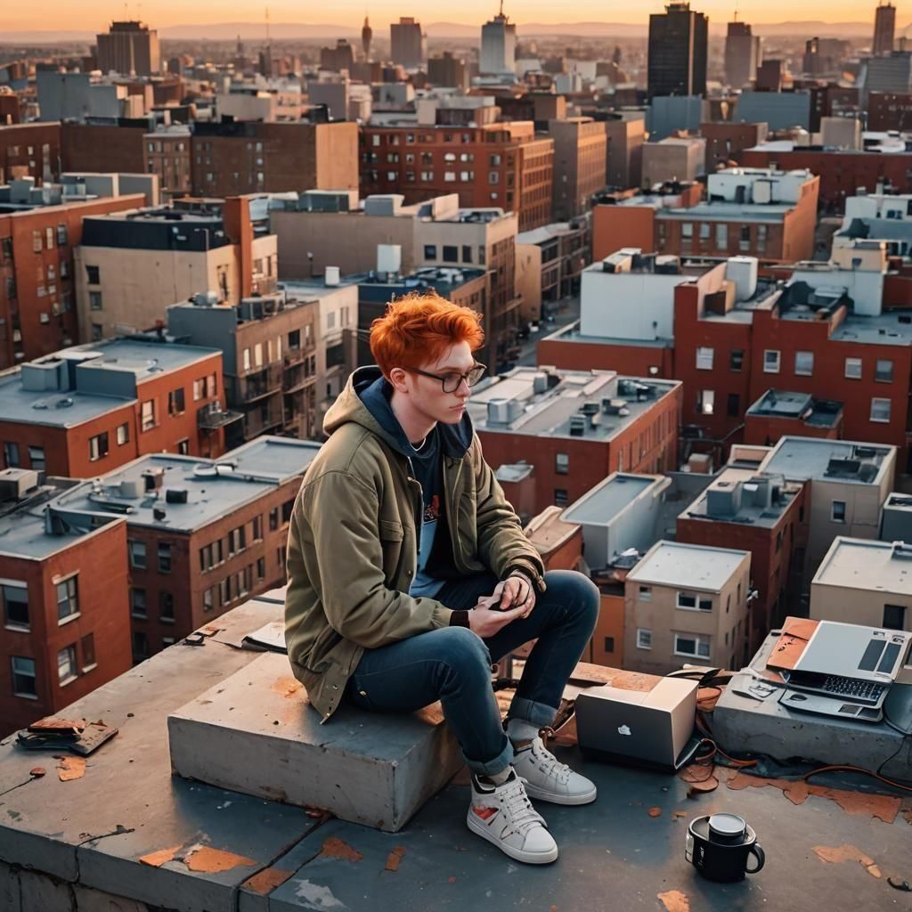 A teen boy with red hair and glasses dressed in a jacket wit...