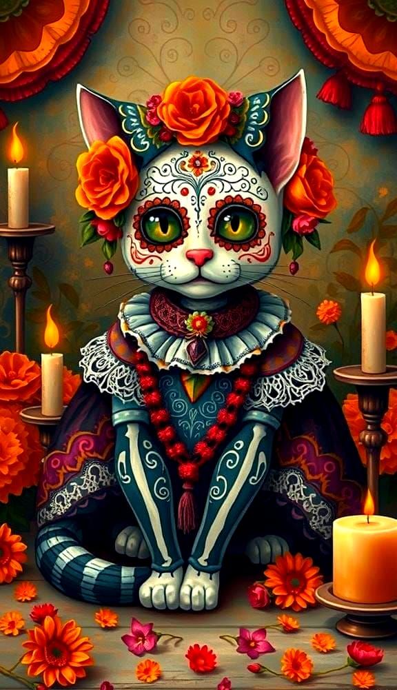 Dia de los muertos sugar skull cat