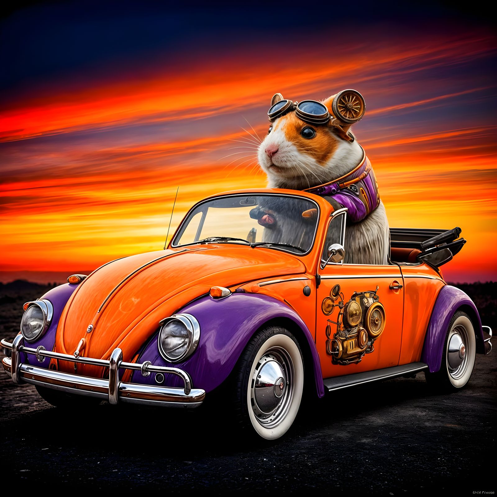 Steampunk VW Beetle in Vibrant Sunset
