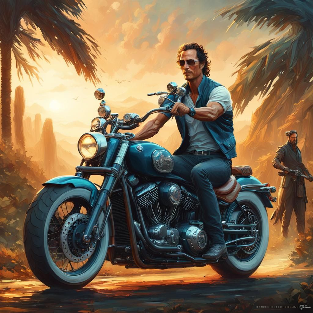 Matthew McConaughey riding a motorcycle in the country AI Generated