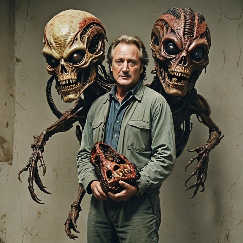 Burt Gummer with the severed head of an alien