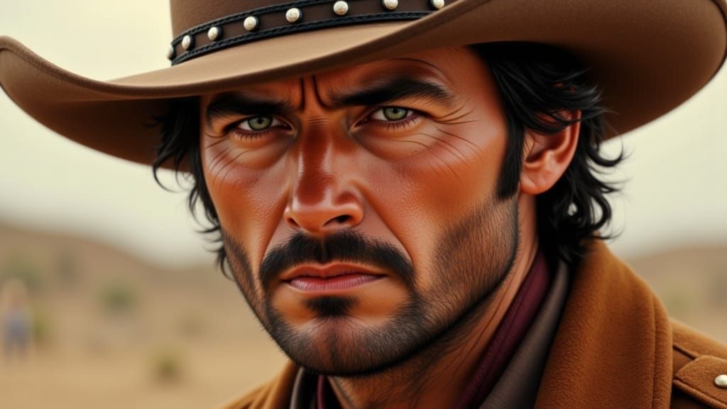 <lora:Close Up portrait:1.0>(Extreme:1.3) Close up portrait  of a man in the style of Spaghetti western