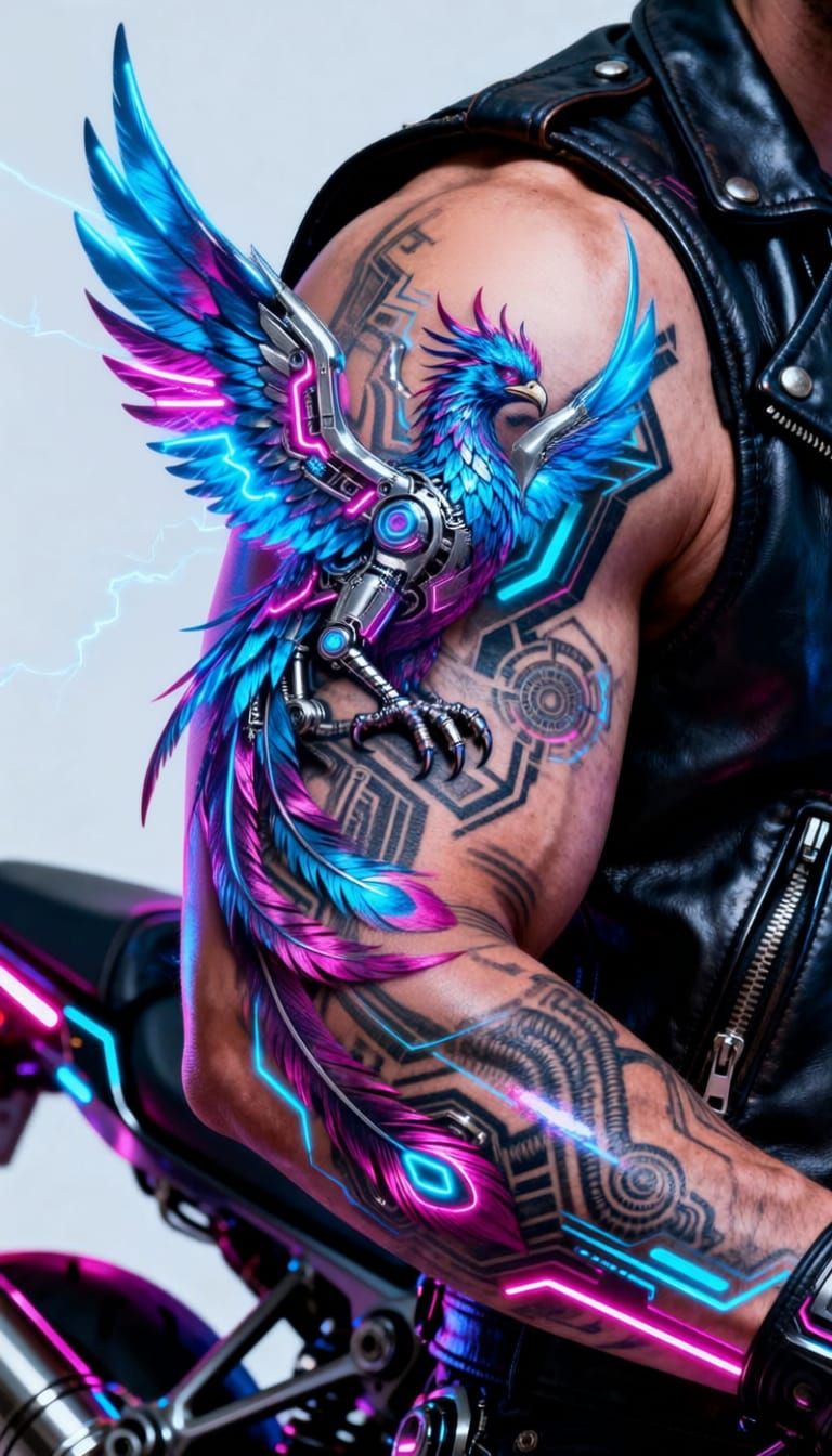 A detailed arm sleeve tattoo of a cyberpunk inspired phoenix