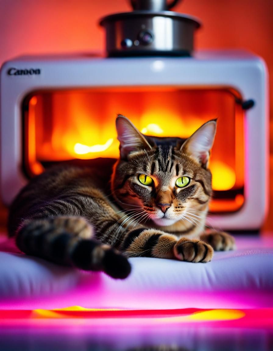 Cat, lounging on a soft fluorescent bed with a stove, eyes c...