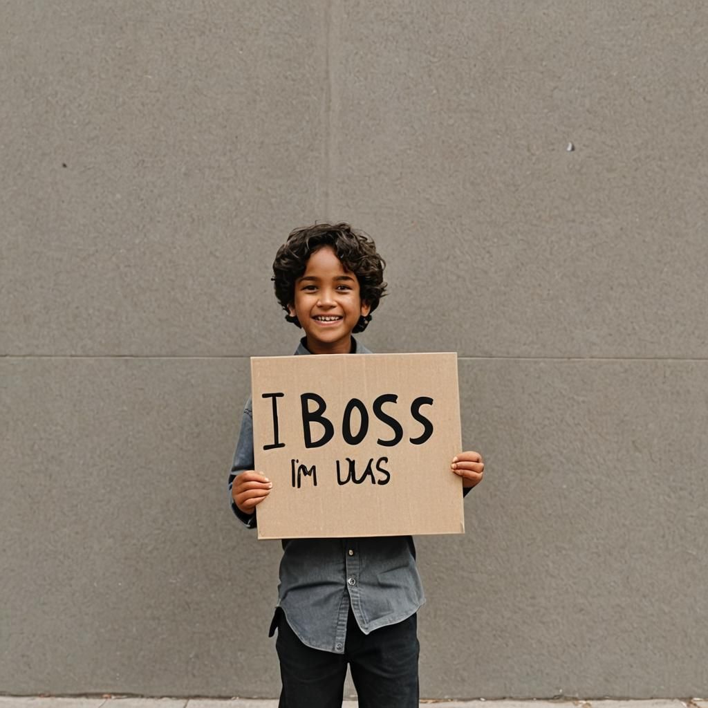 boy holding a sign saying I'm boss