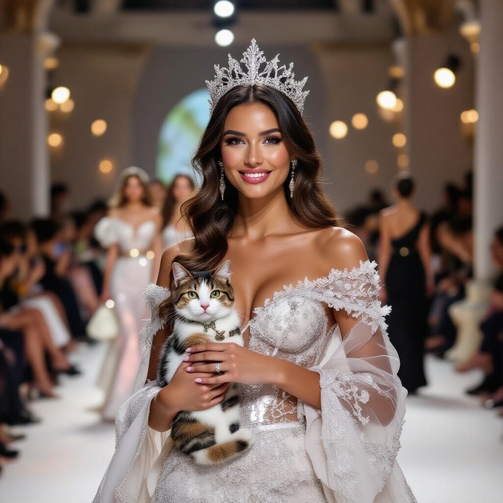 Elegant Cat Ready for Event with Makeup and Gown