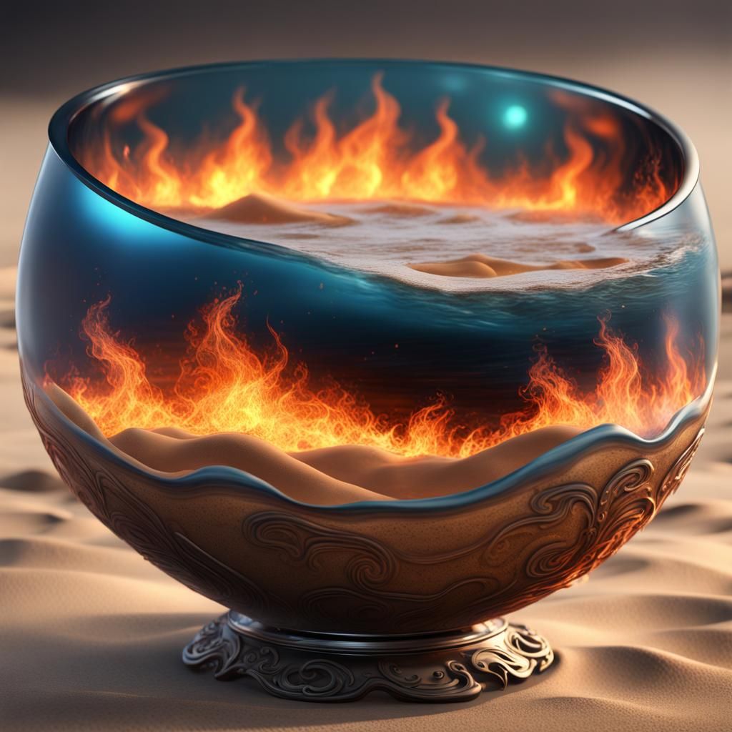 Tall glass bowl layer with beach sand, ocean waves and flame...