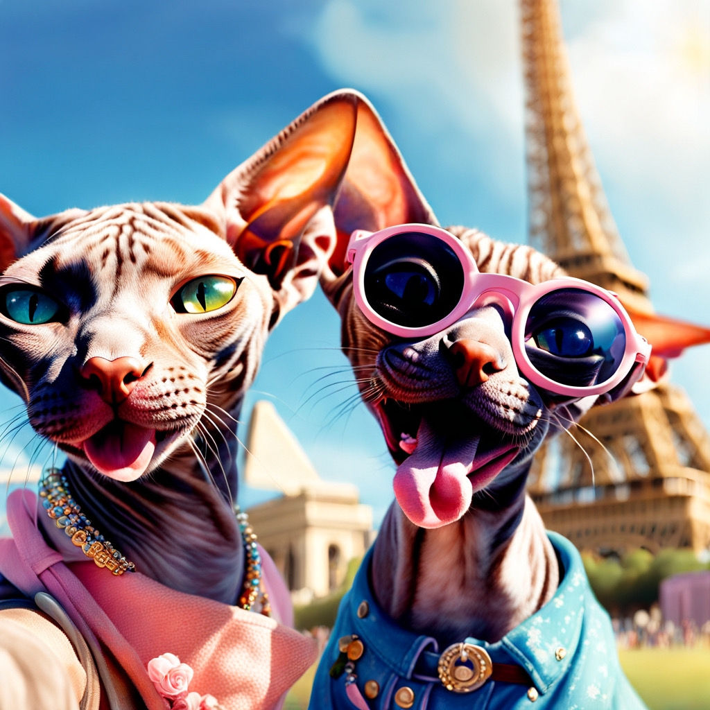 Sphynx Cats Vacation Selfies - Eiffel Tower