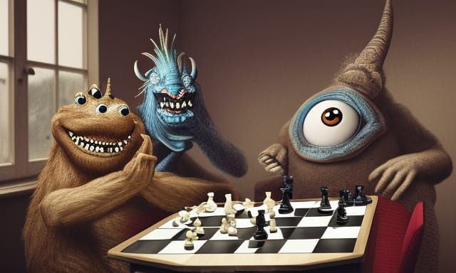 A Friendly do-gooder Monster sits across the chess table from a funny Monster; Monster furiously points ...  by @blenta