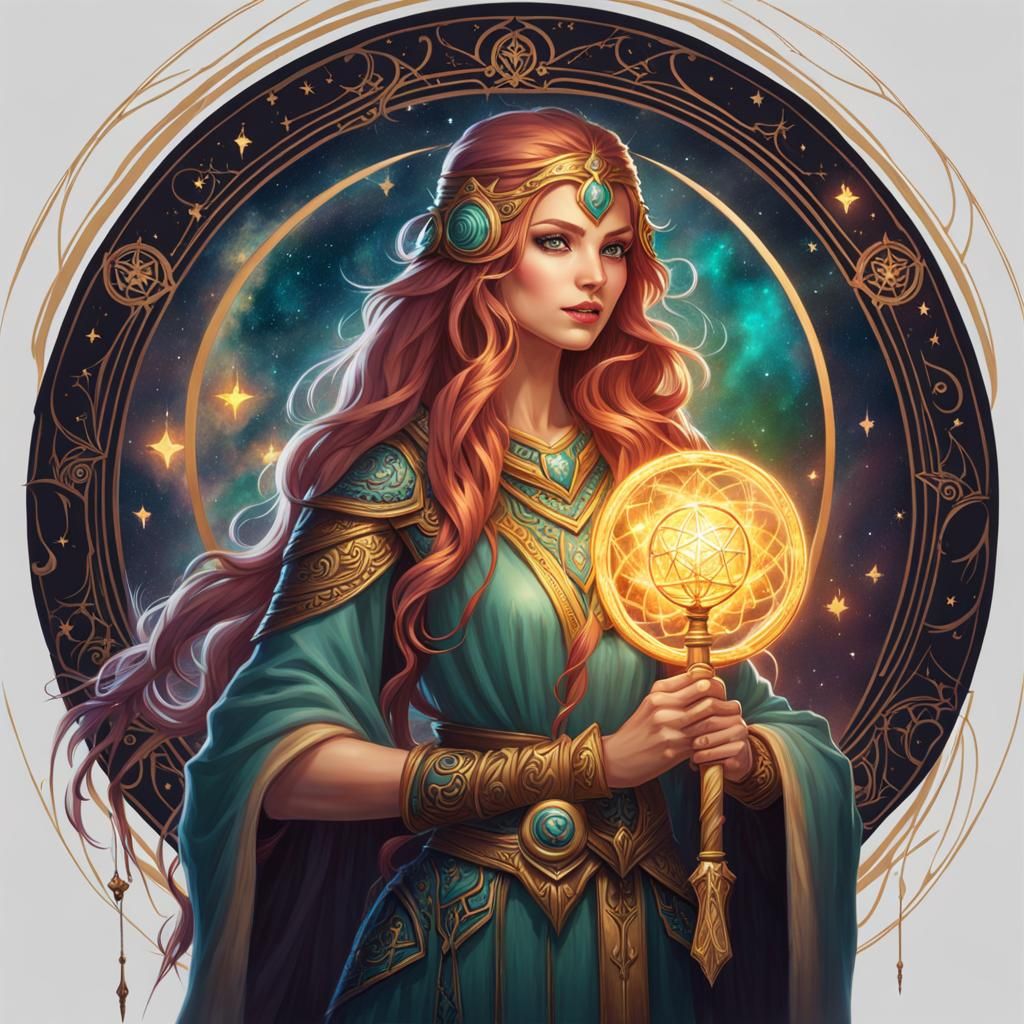 Young female elven druid of the stars with colourful long, w...