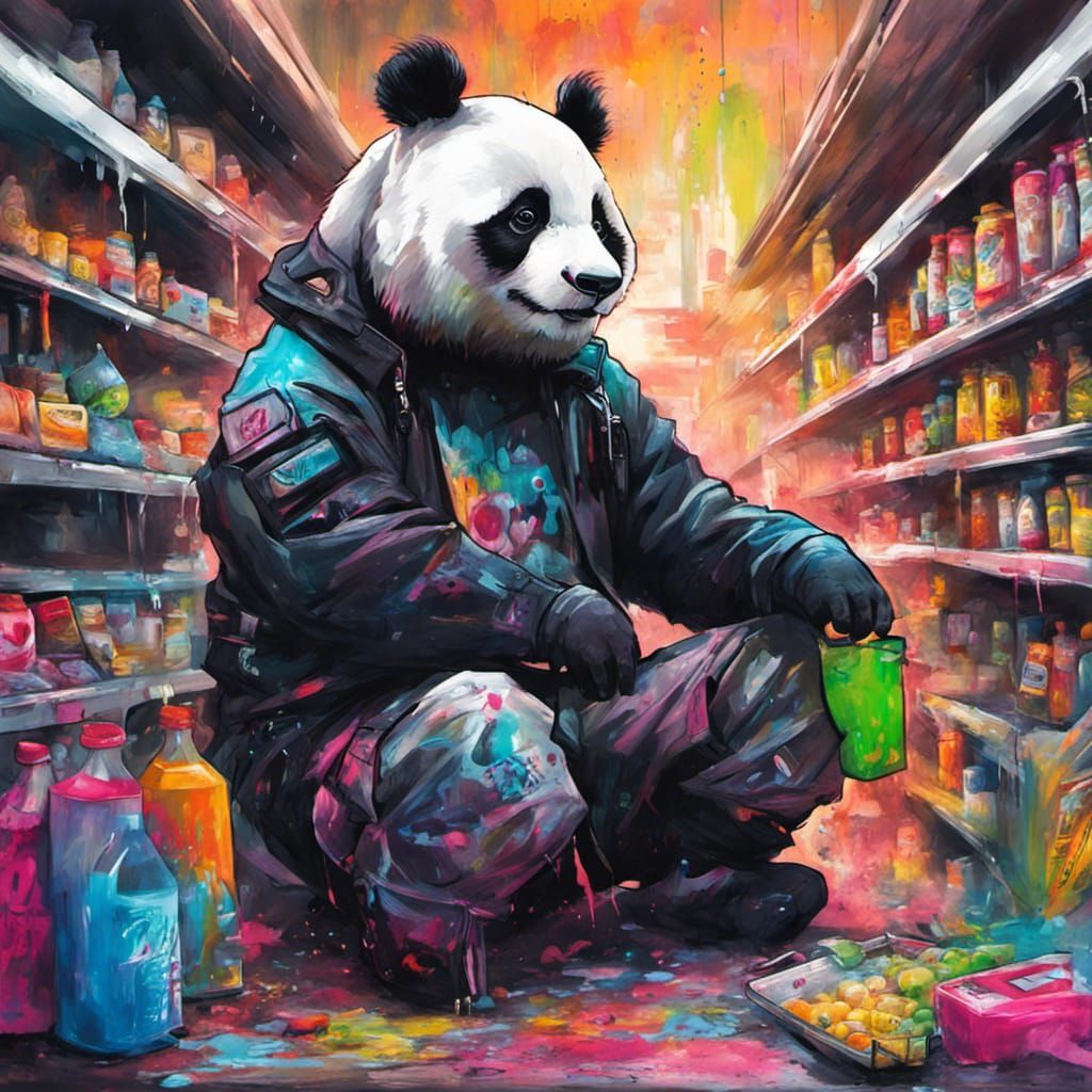 cyberpunk panda at the supermarket