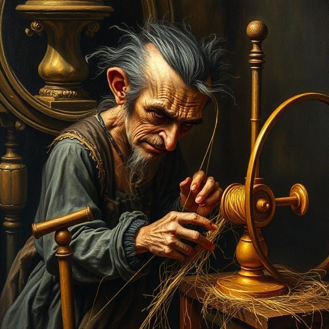 Rumplestiltskin spinning straw into gold