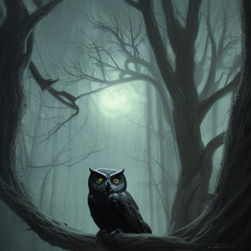 A black owl in a tree in a deep florest at night with a scar...