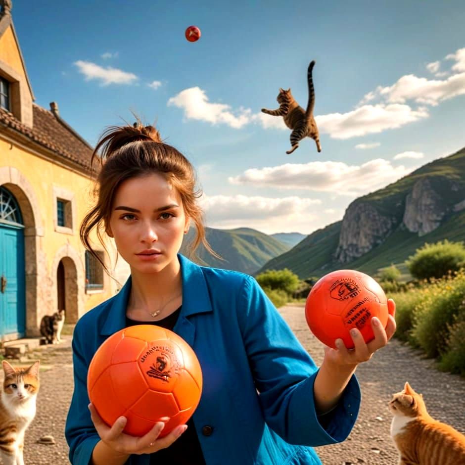 Gentlewomen Toss Ball Amidst Whimsical Feline Landscape