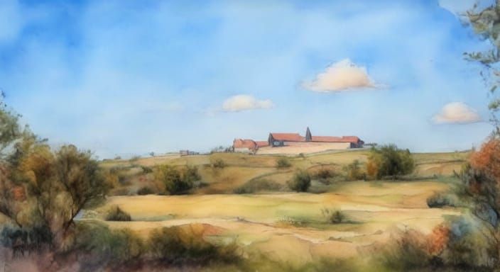 Whimsical Watercolor Village in a Serene Countryside