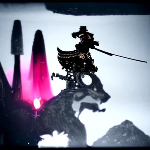 Samurai standing near a fox on a mountain at night