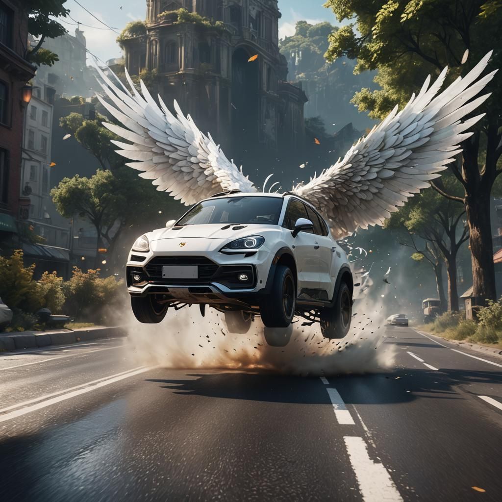 Winged Car Speeds Down Road: Matte Painting