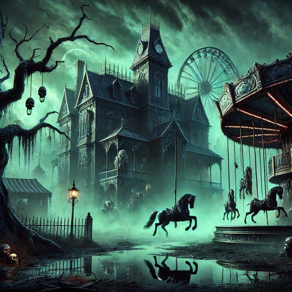 A gothic carnival at the witch's manor, blending eerie charm with necromantic magic. The scene features shadowy rides, g...