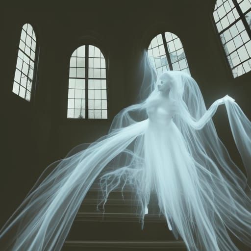 A  translucent  ethereal  spectral  ghost descending a spiral staircase ,  haunted victorian mansion ...  by @Daniel Nightshade