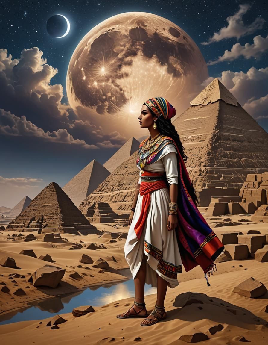 Eclipse of beautiful moon girl, flowing weather,  windy day,...