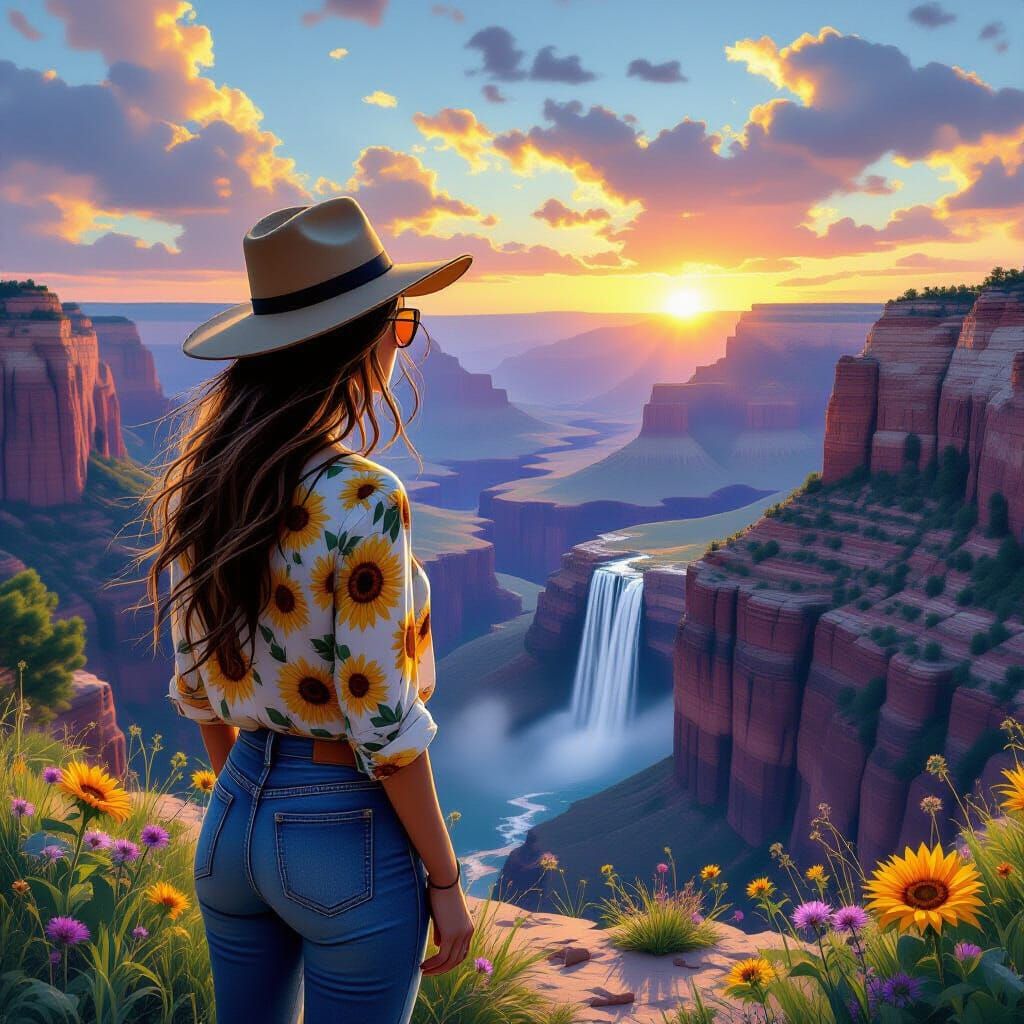 A lone adventurer stands in the Grand Canyon by beautiful water fall, gazing at a sunset. The landscape is a mix of jagged, crystalline rock...