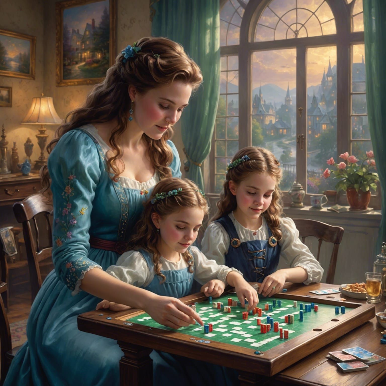 “Render a picture of mom and daughter playing the board game, dominoes ...