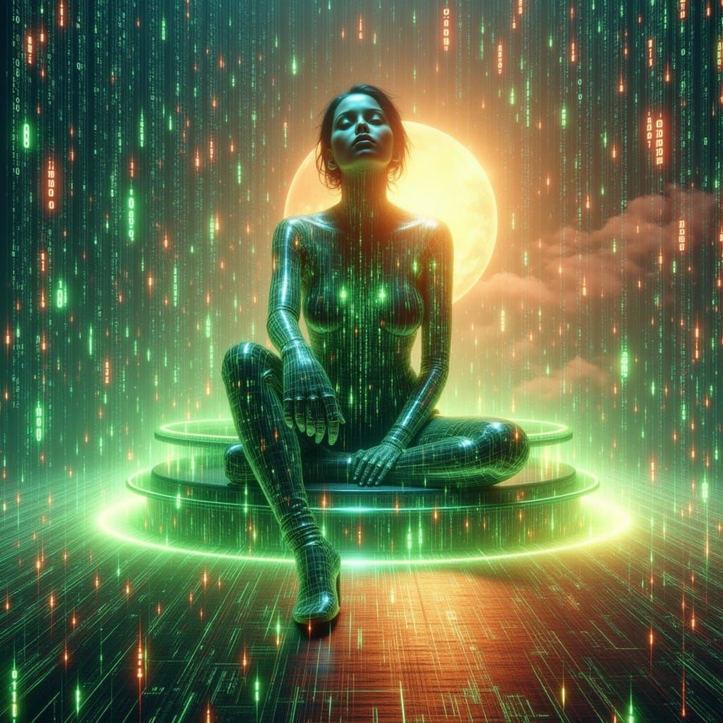 Glitchcore (((Binary code dream))) background, (((double exposure: transparent holographic glowing limegreen futuristic stronghold entirely ...