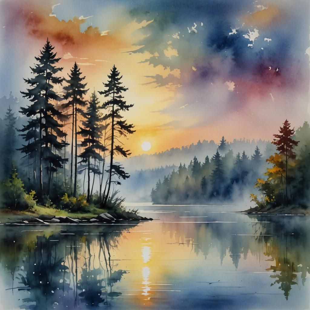 Dawn in the forest, watercolor  by @Max Prust