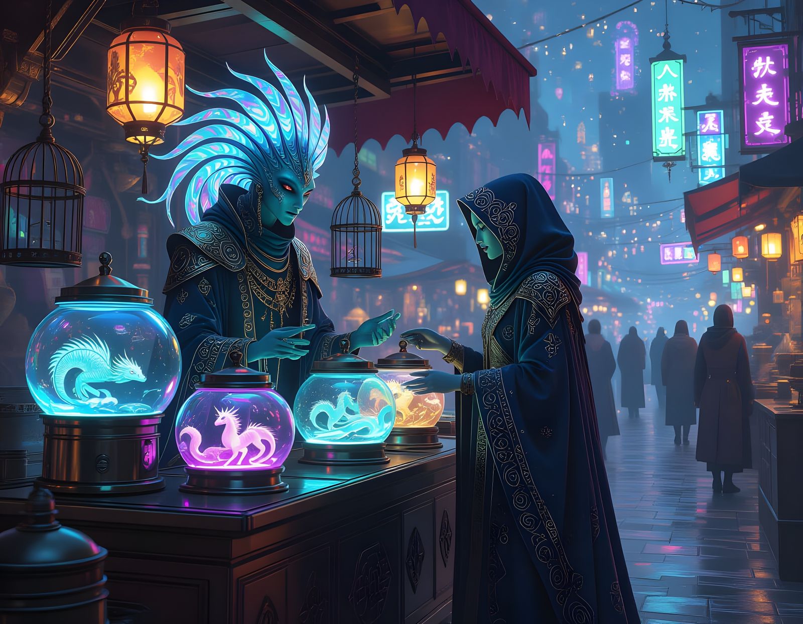 Alien vendor with iridescent, swirling skin patterns and ornate, flowing robes tends to a stall made ...  by @Rachel the Redhead 