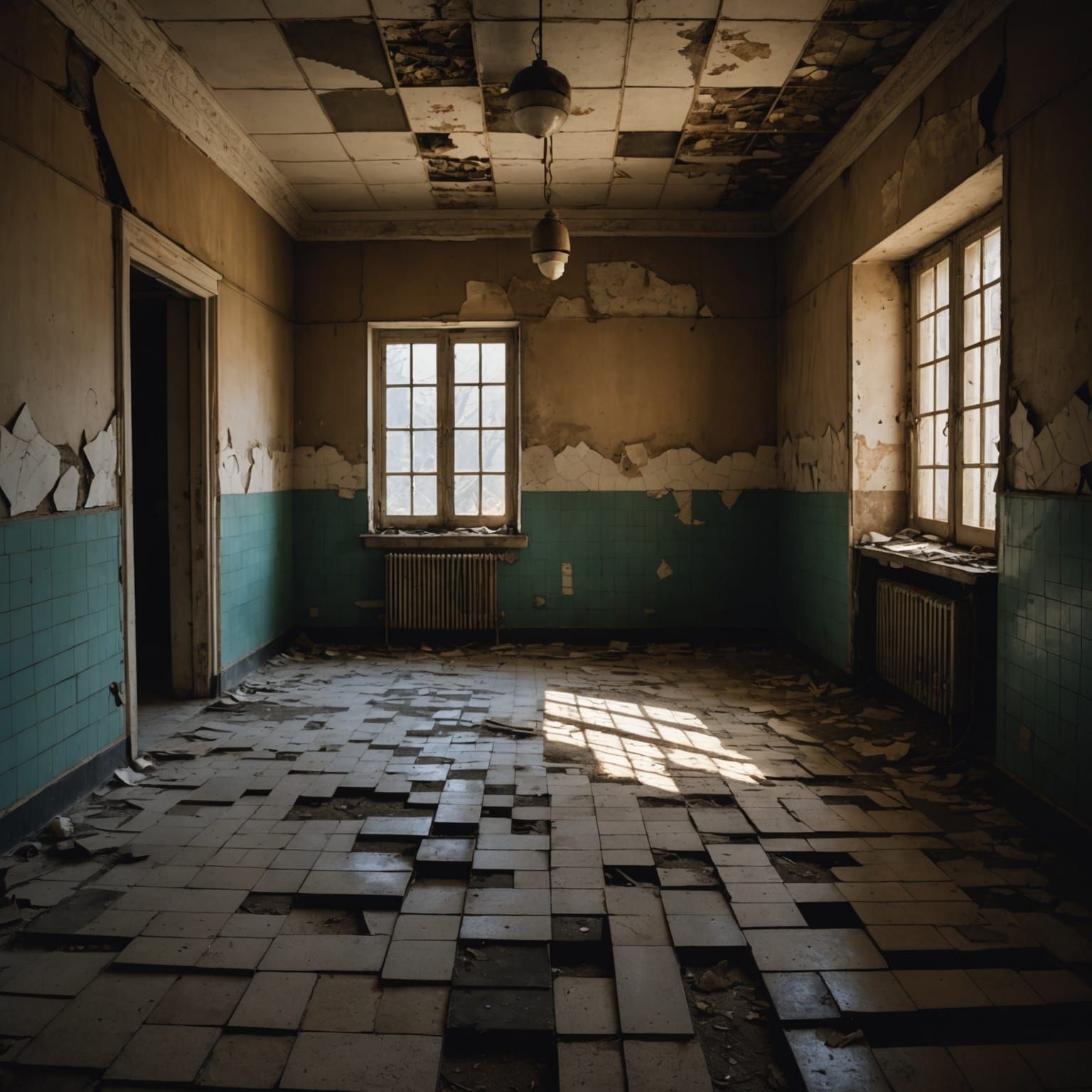 Flickering overhead lights cast harsh, uneven shadows across the walls, making them seem to writhe and pulse. The shadows stretch and contor...