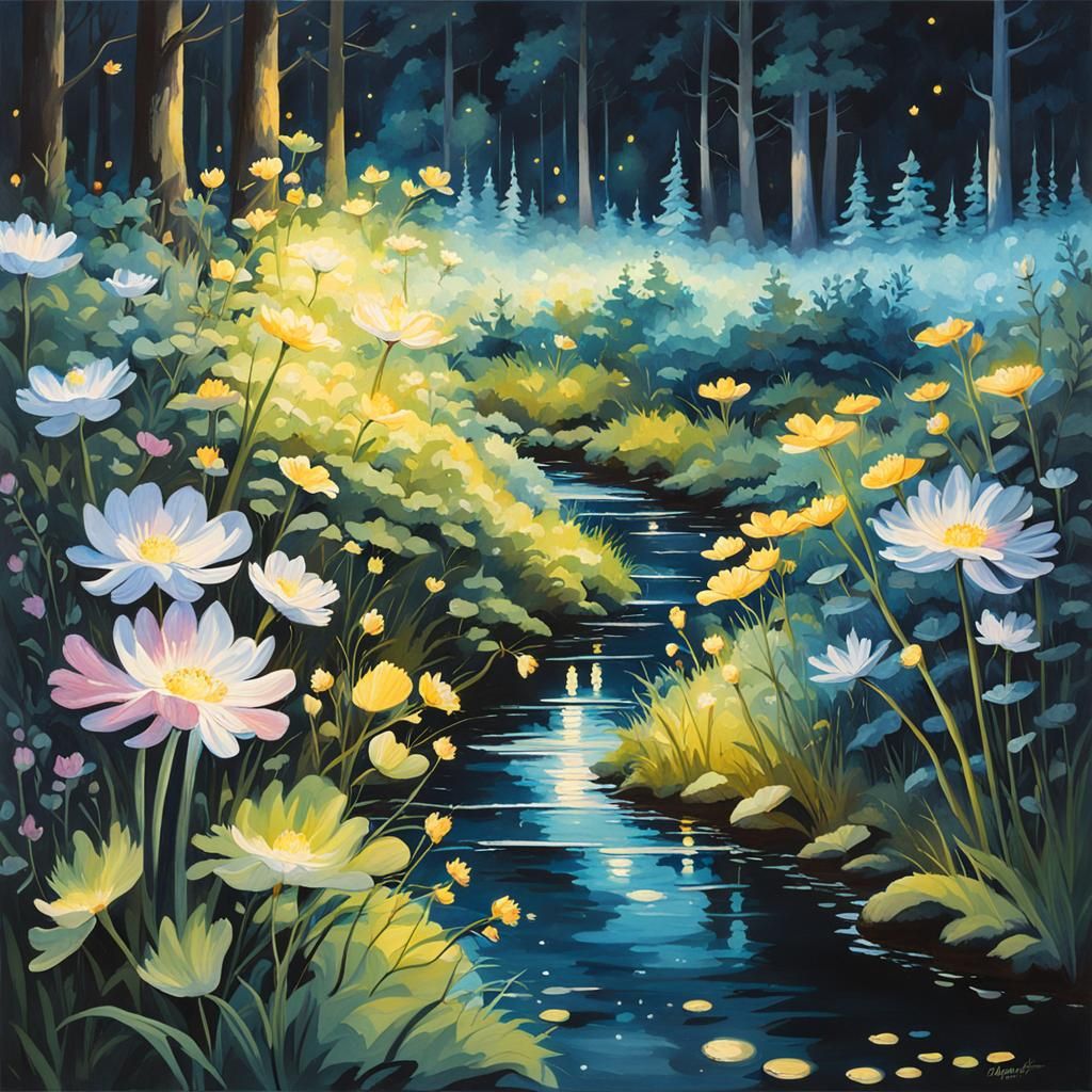 Bioluminescent Forest Stream in Watercolor Style