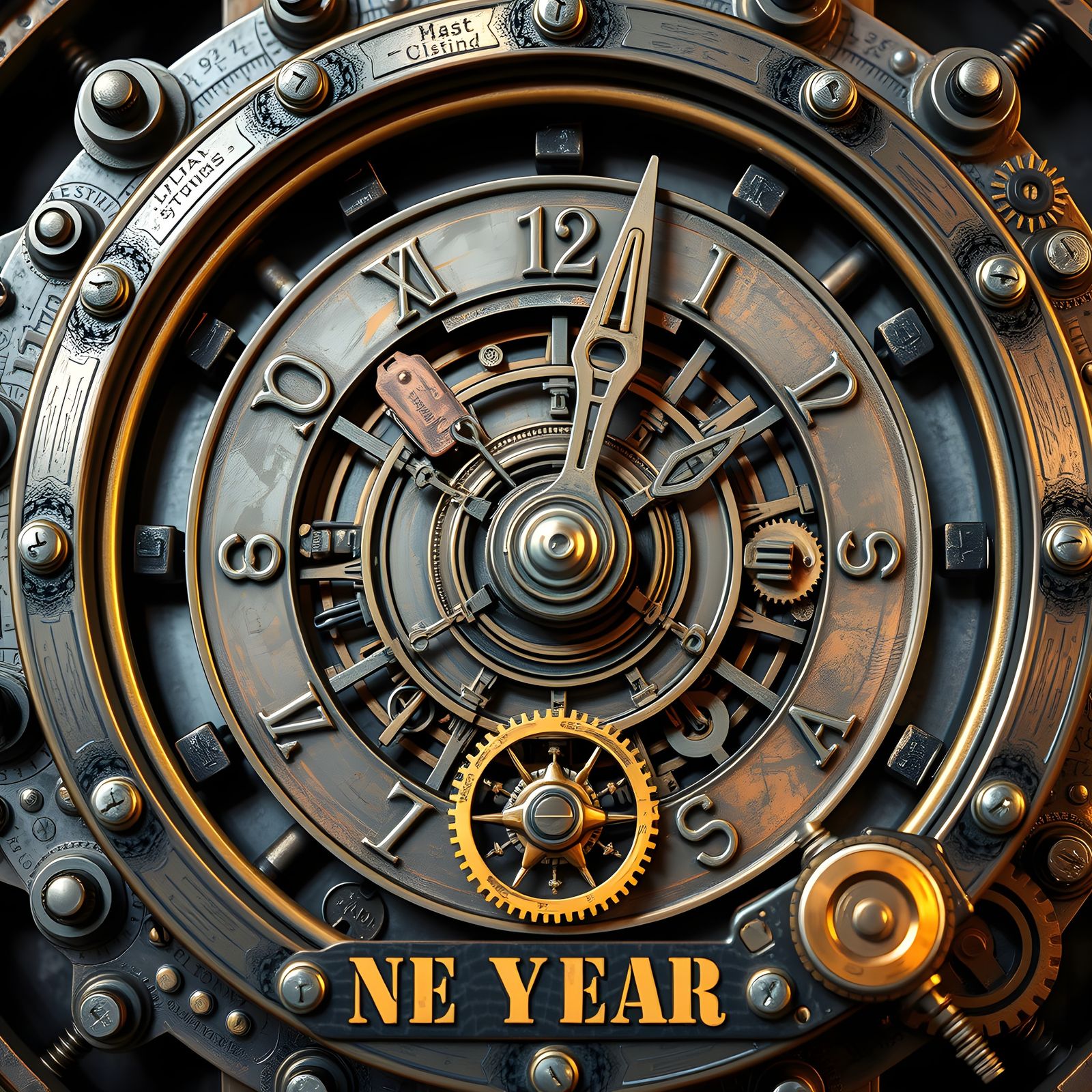 a metal clock with many screws, gears and springs, showing 1...