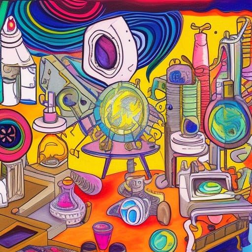 messy hand-drawn painting of a chaotic laboratory with lots of trinkets ...