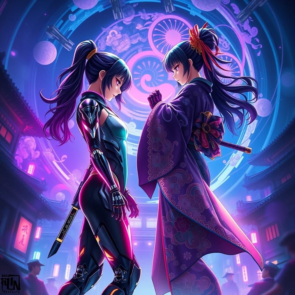 Cyberpunk Samurai Showdown in Neon-Lit Vortex