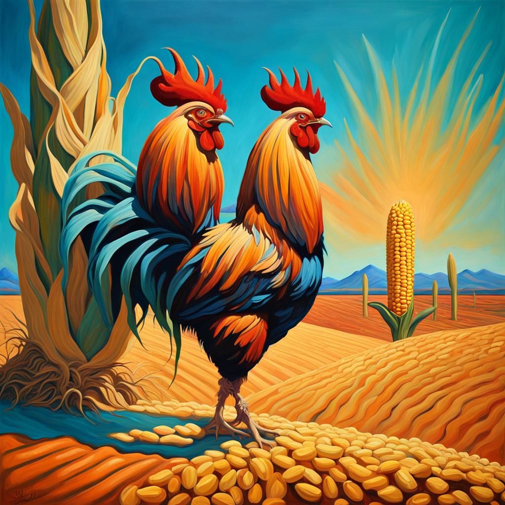 Surreal Desert Landscape Painting with Rooster and Corn