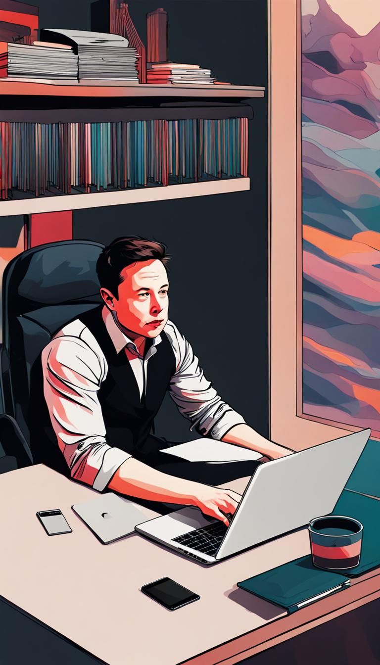 elon musk sitting, desk, laptop, color