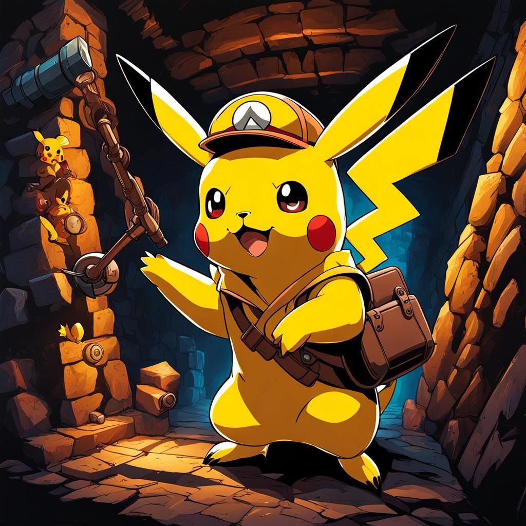 A Pikachu esaping a underground dungeon, with a bearededman ...