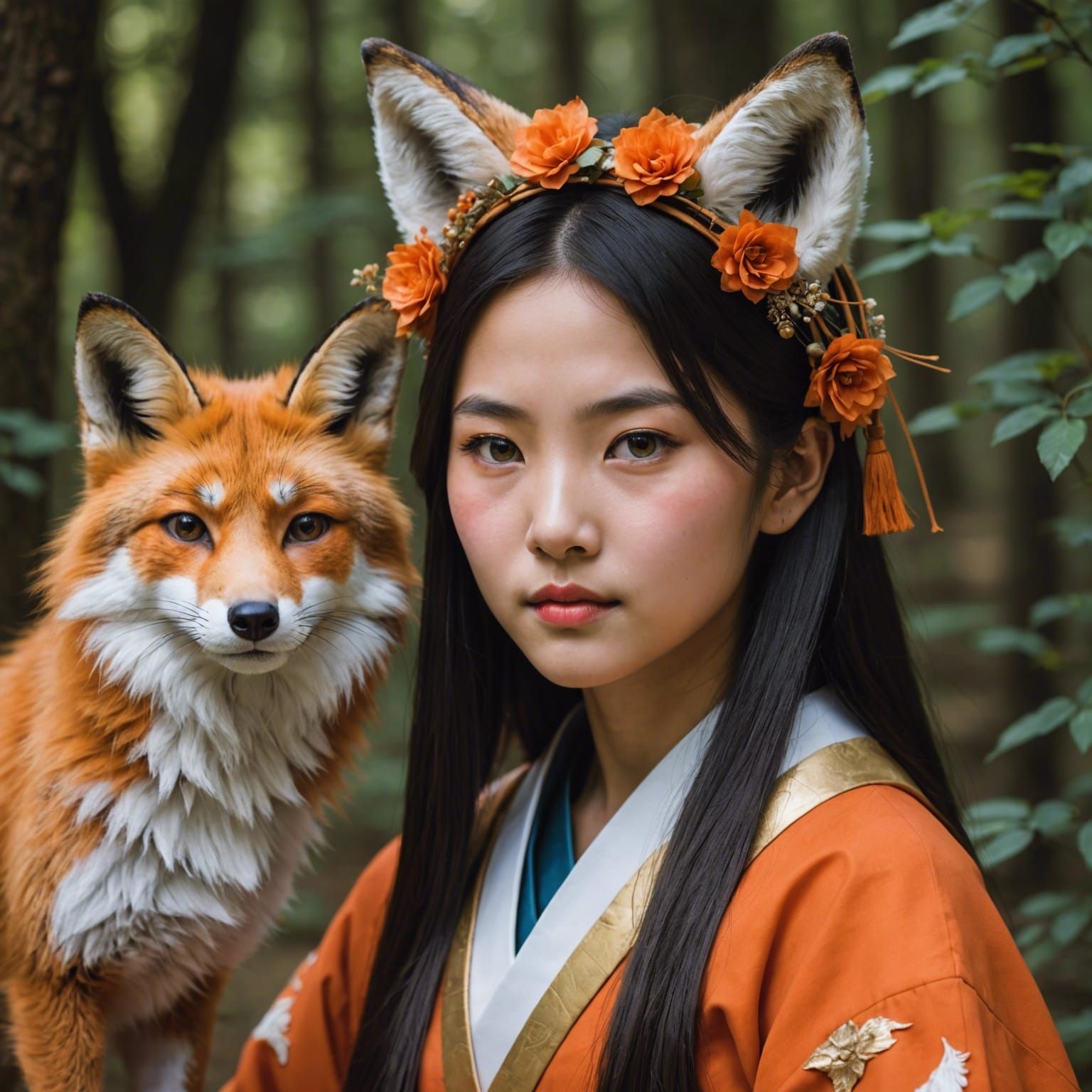 A kumiho girl with a fox in the woods - AI Generated Artwork ...