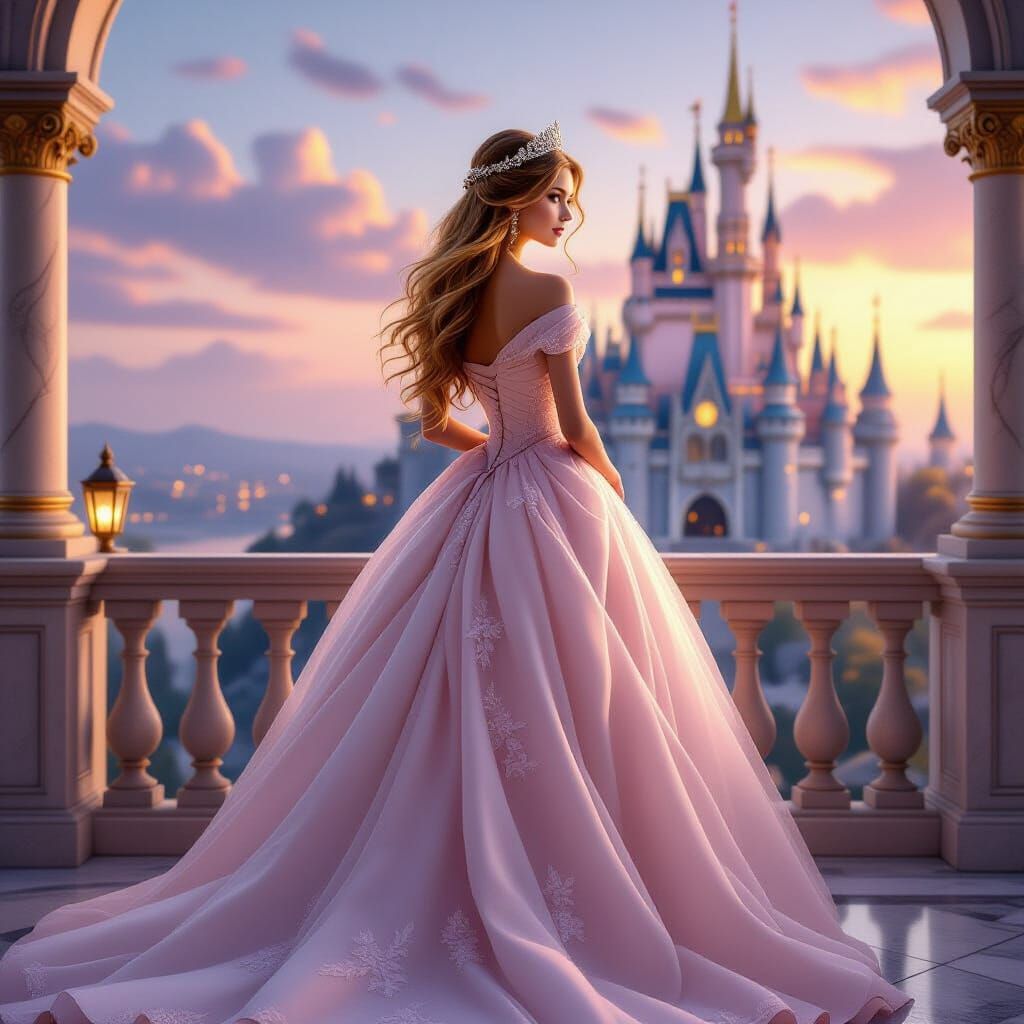 Magical Princess with Golden Hair at Sunset