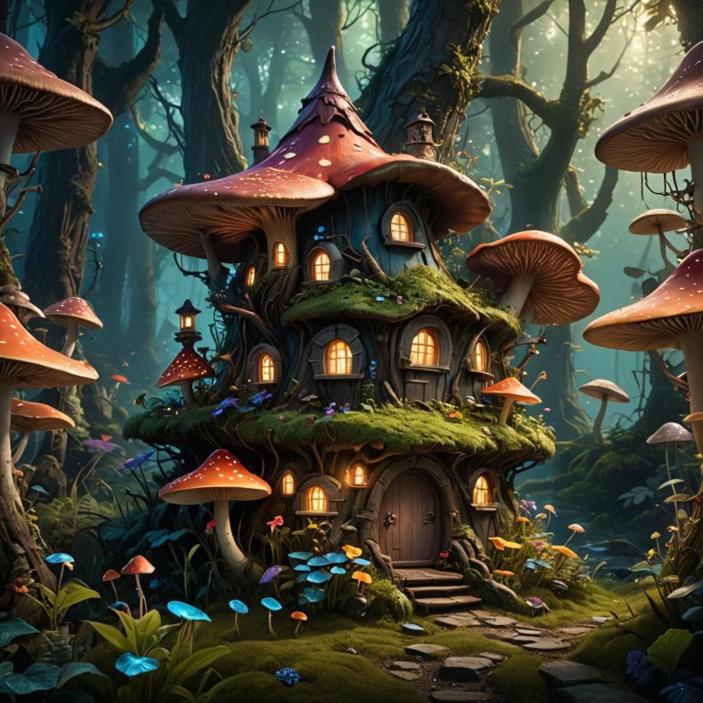 A fairy mushroom house in an enchanted bioluminescent forest...