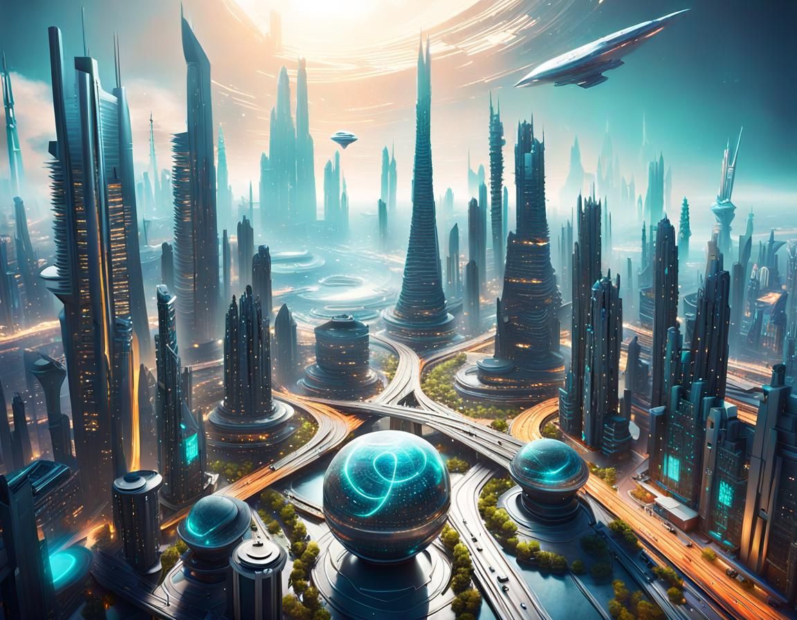 A futuristic cityscape, where technology and innovation are ...