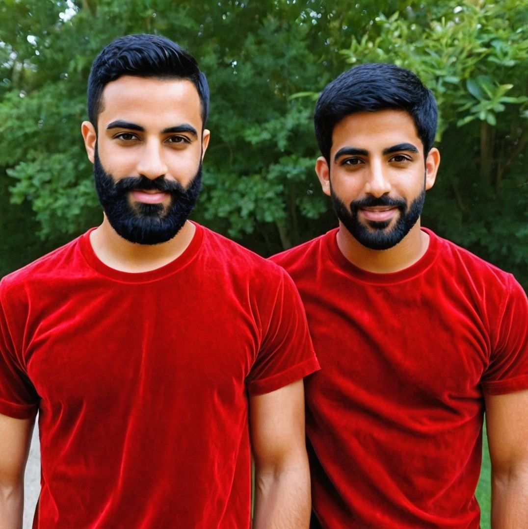 Two bearded men wearing red velours T-shirts