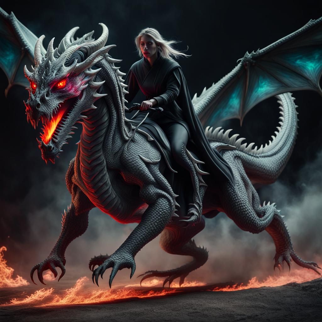 A wraith riding on the back of a multi coloured ghost dragon...