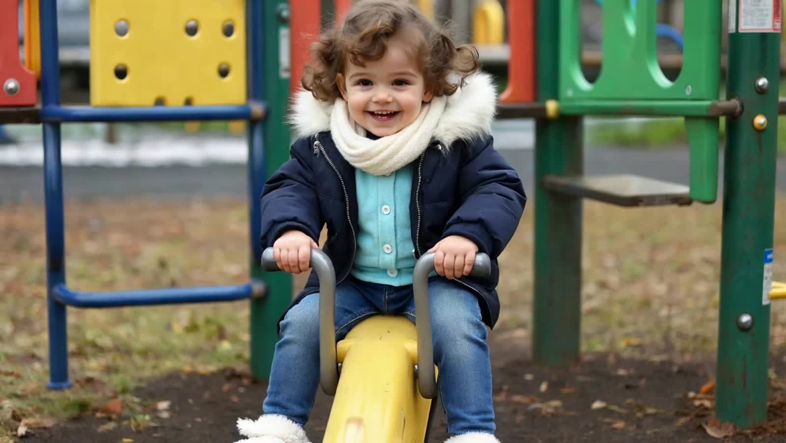 Ein kleines dreijährige Mädchen mit lockigen Haaren und braunen Augen unverhüllt, sie ist in ein mit Winterpulli und Jea...