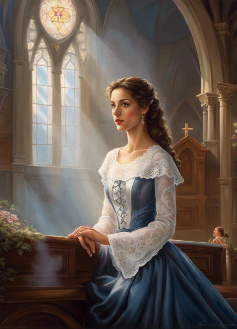 Beautiful young woman wearing a modest blouse and a denim sk...