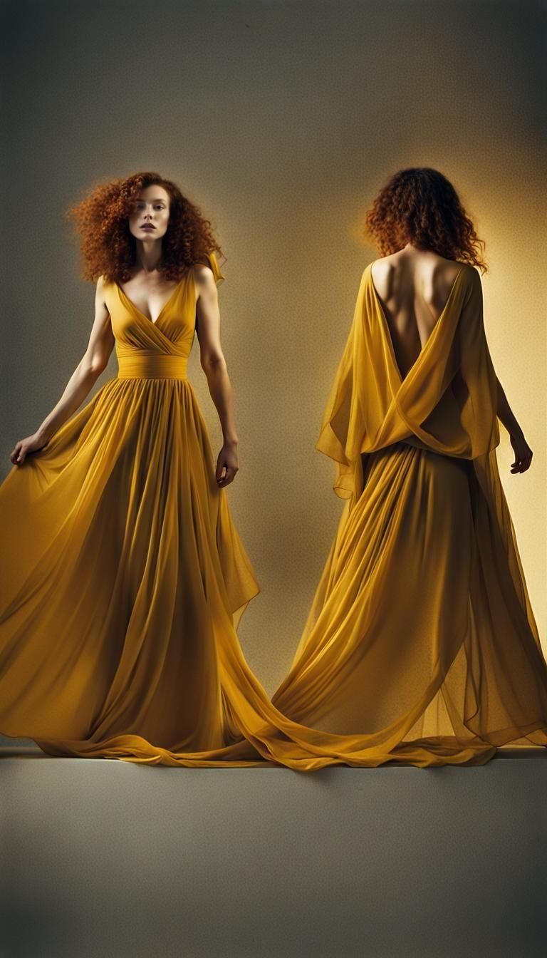 a woman with striking, curly red hair cascading down her back. She has fair skin and is wearing a flowing, mustard-yellow dress with an open...