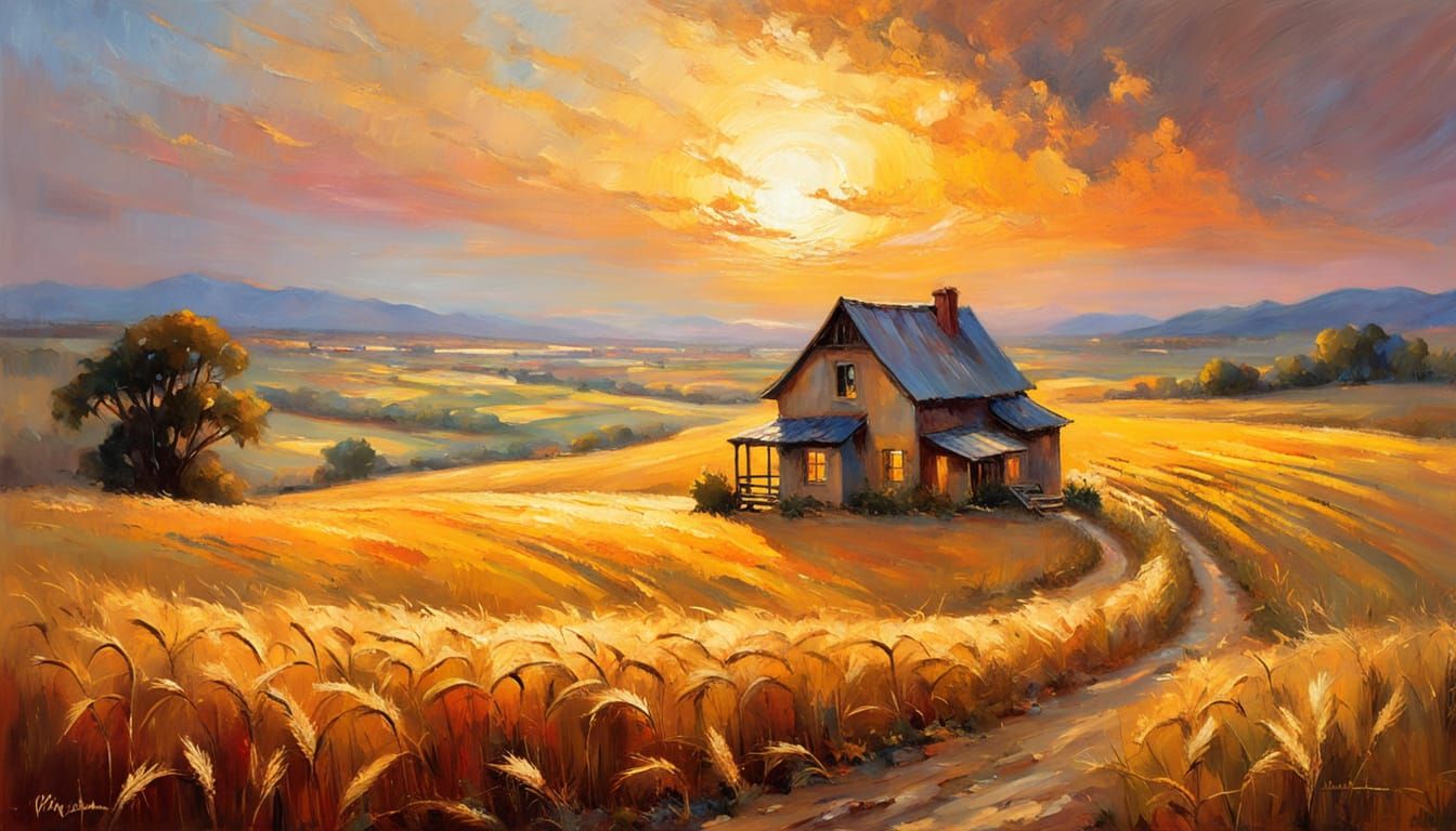 Golden landscape with a house in the middle of a wheat field🌾  by @Hugo Raul
