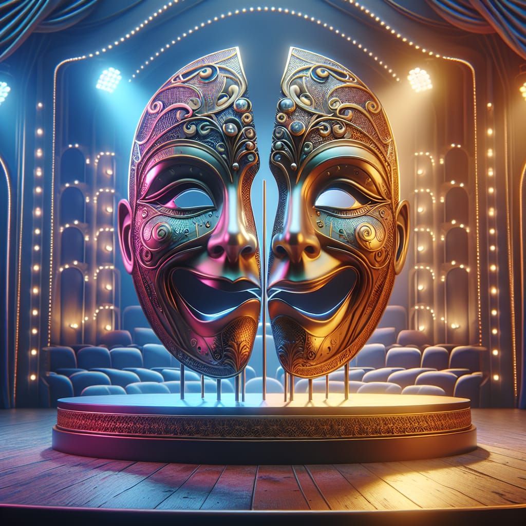 illustration of a staging with two masks, one smiling and one sad.  by @Rosa Maria Balbas Prieto